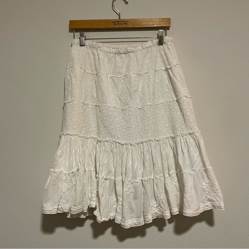 Johnny Was White Tiered Eyelet & Embroidered Midi Skirt